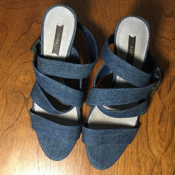 ZARA Denim High Heel Sandals Wood Heel - Picture 4 of 4